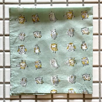 インド ブロックプリント バンダナ ハンカチ52cm フクロウ ミントグリーン地 梟 鳥 とり バード 野鳥 CH IH0035の画像