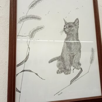 ワイド四つ切りサイズ★ペン画　複製版画　『誘惑』猫じゃらし　猫の画像