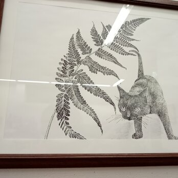 ワイド四つ切りサイズ★ペン画　複製版画　『羊歯』　黒猫の画像