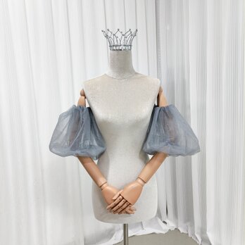 パフスリーブ 水色 ソフトチュール ストレッチ ブライダル 結婚式 前撮り 可愛いの画像