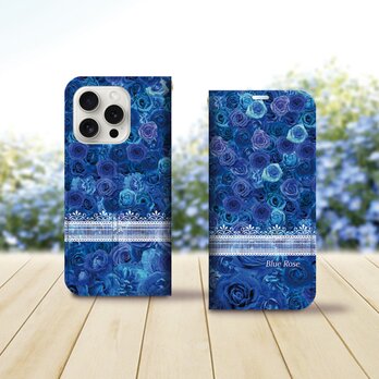 帯なし iPhone 手帳型スマホケース （カメラ穴あり/はめ込みタイプ）【Blue RoseⅢ】の画像
