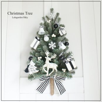 モノトーン　壁掛けのクリスマスツリー　ウォールデコツリー　ハンギングツリー　　クリスマス　白黒　R＆yCH126の画像