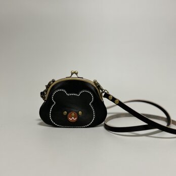 姫路レザーminiがま口ポシェット◆黒　くまちゃん　スマホショルダー　サコッシュ　クリスマスギフトの画像