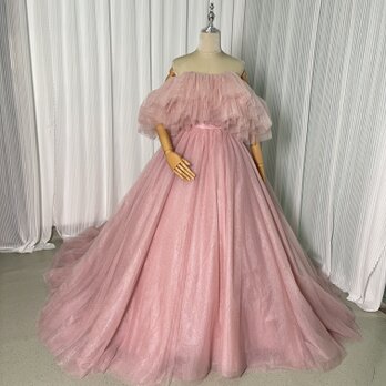 カラードレス ピンク オフショルダー キラキラグリッターチュール プリンセスライン 可愛い 披露宴の画像