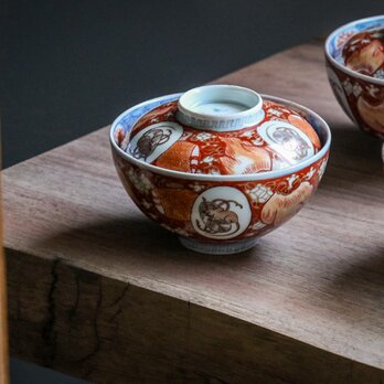 古伊万里 染錦小槌鼠文蓋茶碗 明治時代 E680Bの画像