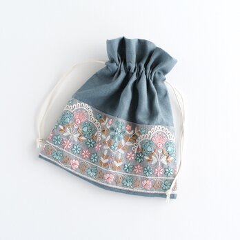 リネンとインド刺繍リボンの巾着ポーチ 　ブルーの画像