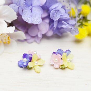 春限定【ピアス】春の花畑 パール・桜 菜の花 紫陽花 花束の画像