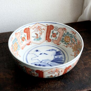 獅子が可愛い◇伊万里　花文赤絵金彩八寸大鉢　antiques 骨董品　明治時代　鳳凰　風景の画像