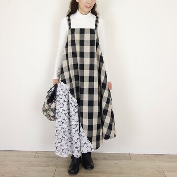 [予約販売] コットンリネンブロックチェックアシメトリーキャミワンピースの画像