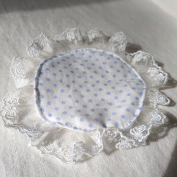 水色の水玉ダブルガーゼコットン♪薔薇のチュールレース付きコースター♡︎の画像