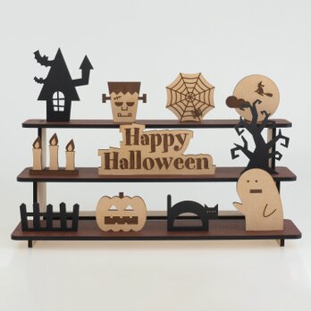 ハロウィンの雛壇　2色構成　かわいい木製のインテリア雑貨　猫・トリックオアトリート・パンプキン・オバケの画像