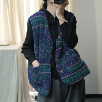 ☆受注制作☆秋冬.暖かい.両面着れるニットベスト.手編み.コットン/綿ニットベスト.ウール. ゆったり.通勤の画像