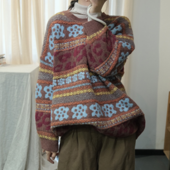 ☆受注制作☆新作.クルーネックニット ウールセーター.手編み ゆったりレトロニット コットン.綿ニットセーター 秋冬の画像