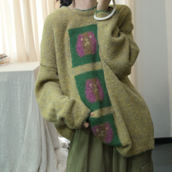 ☆受注制作☆新作. ウールセーター.手編み ゆったりレトロニット ２色 コットン.綿ニットセーター 秋冬の画像