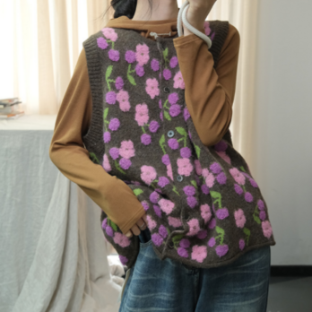 ☆受注制作☆秋冬.手編みノースリーブニットベスト.コットン/綿ニットベスト.ウール. ゆったり.カワイ.通勤.コーヒ色の画像