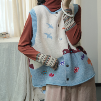 ☆受注制作☆秋冬.コットン/綿ニットベスト.ウール.手編みノースリーブニットベスト ゆったり.カワイ.通勤の画像