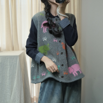☆受注制作☆秋冬.コットンニットベスト.手編みノースリーブベスト ゆったり .通勤.丸首ニットベスト.カジュアルの画像