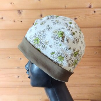 小花柄ニットのリバーシブルケア帽子 [size56]＊グリーン系×オリーブグリーンの画像
