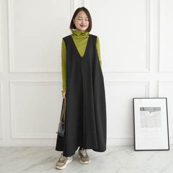 【着丈調整可能/洗える】バックギャザー レイヤード ワンピース　ブラック　0665BK