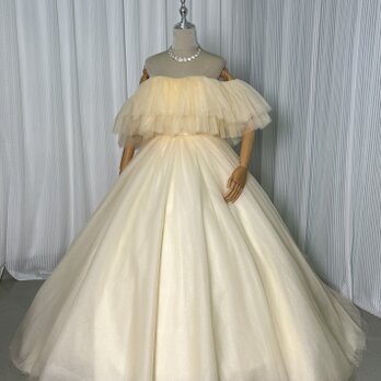 人気上昇！カラードレス シャンパン色 オフショルダー キラキラチュール 結婚式 前撮り 編み上げの画像