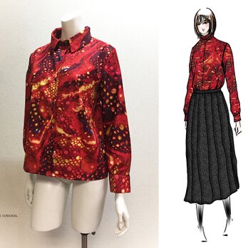 【1点もの・デザイン画付き】日本製綿プリントストレッチジャガード生地ブラウス（KOJI TOYODA）の画像