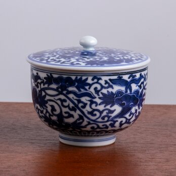 平安素明 清水焼 青華唐草文 蓋茶碗 E025の画像