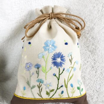 花刺繍の巾着・ライトブラウンの画像