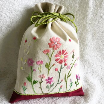 花刺繍の巾着・ワインレッドの画像