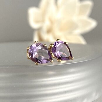 ローズアメジストのひと粒ピアス＊ペアシェイプカット（2月の誕生石）の画像