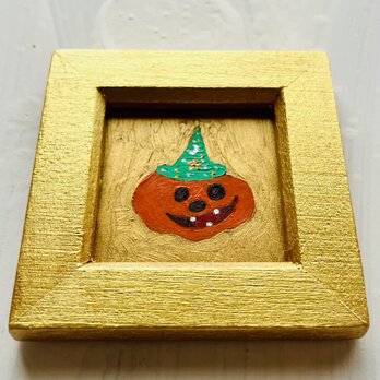「ハロウィンかぼちゃ１」・油彩・額装・壁掛け・独立スタンド付き・原画・送料無料の画像