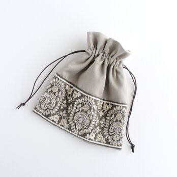 インド刺繍リボンの巾着ポーチ 　ベージュ