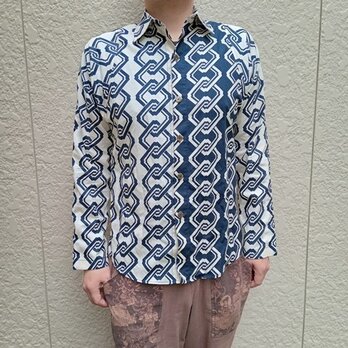 長袖和柄シャツ（吉原つなぎ文様）生成り×濃紺の画像