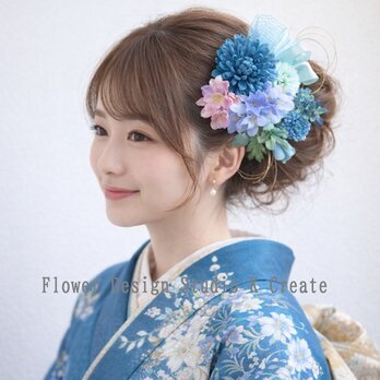 ブルーグリン系のお花とリボンのヘッドドレス　成人式　袴　入学式　卒業式　和装婚　前撮り　青緑　ミントカラー　ミント　着物髪飾り　