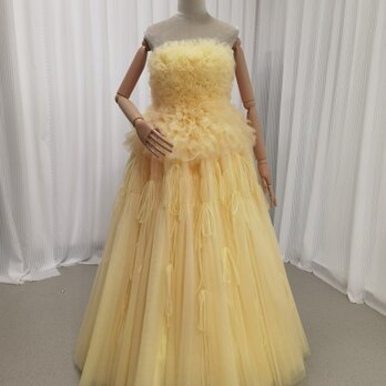 カラードレス クリームイエロー ベアトップ リボン ロング 編み上げ もこもこドレス 前撮り 結婚式の画像