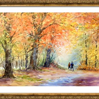 注文制作します　水彩画原画　紅葉の森　＃95の画像