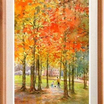 注文制作します　水彩画原画　紅葉の公園　＃310の画像