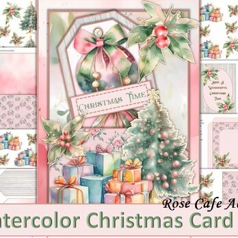 （1384）水彩クリスマスカード作成キットA4サイズ厚紙印刷（9枚1セット/単品販売可能）・。・(^^♪の画像