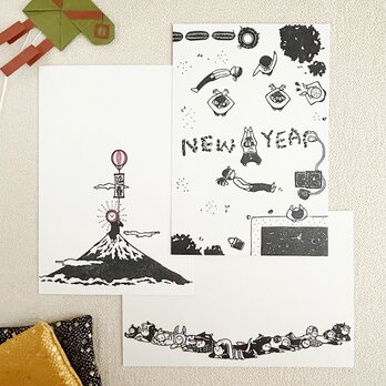 年賀のポストカード2025※3枚組（公園で福笑い、太陽とアドバルーン、へび年）の画像
