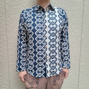 長袖和柄シャツ（吉原つなぎ文様）濃紺×生成りの画像