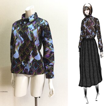 【1点もの・デザイン画付き】日本製綿プリントストレッチジャガード生地ブラウス（KOJI TOYODA）の画像