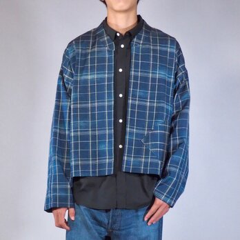 着物リメイク TanLan Jacket 長袖シャツメンズML インディゴブルー格子柄の画像