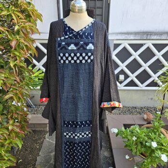 着物リメイク　古布　手作り　絣　パッチワーク　コートの画像