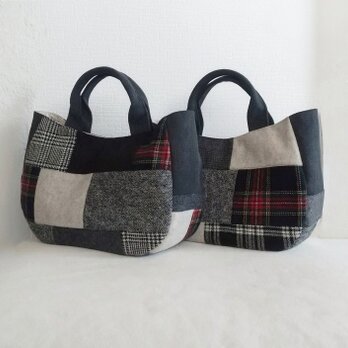 ウールブラック系パッチx帆布の三日月ハンドバッグ Ⅴ