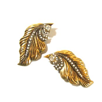 80s Vintage Gold Tone Leaf Design Earringsの画像