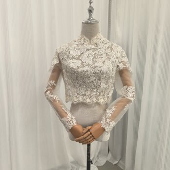 ボレロ アイボリー ハイネック 長袖 キラキラスパンコール くるみボタン 流れる透け花レース 花嫁の画像