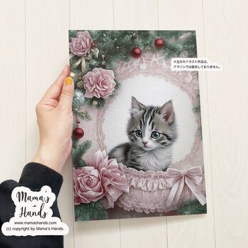 A4 ポスター クリスマス リース 猫 ねこ ネコ シャビーシック イラスト アートの画像
