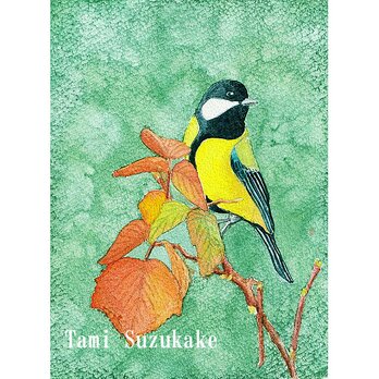 水彩画・原画「小鳥と紅葉」の画像