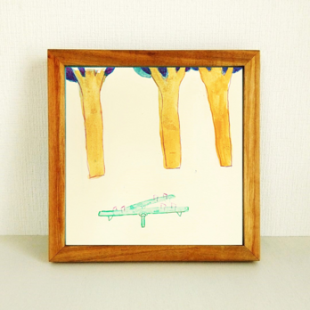 原画「シーソー」 ※木製額縁入り(18×18㎝フレーム）　水彩・絵画・水色の画像
