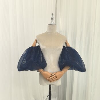 パフスリーブ ネイビー ソフトチュール 取り外し袖 エレガント 花嫁/ウェディングドレスの画像