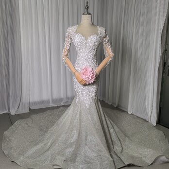 華やか ウエディングドレス 韓国風ドレス マーメイドライン グリッタードレス ハンドメイド 結婚式 花嫁の画像